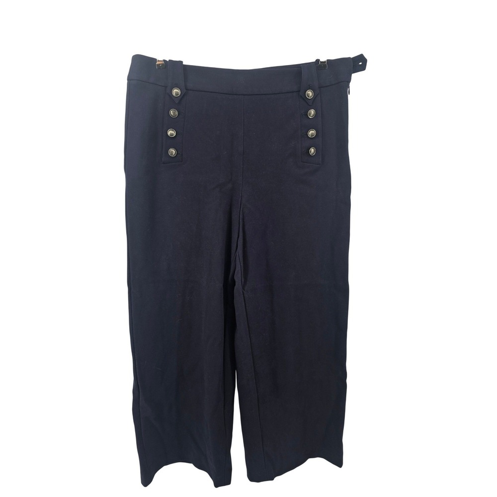 Talbots Sailor Pants Womens 14 Wide Leg‎ Cropped Navy Blue Crest Button EUC